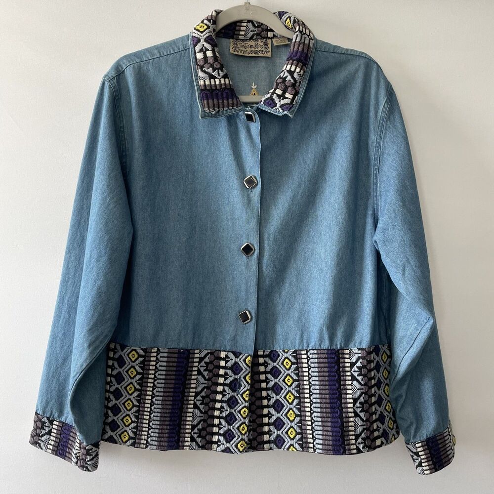 TanTrum Blues Denim Jacket Embroidered Tapestry Trim Blue Sz L